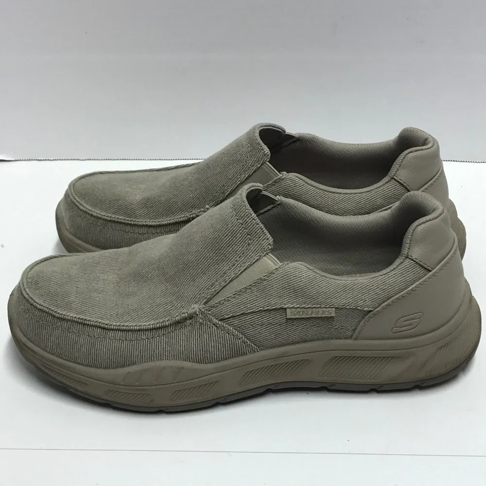 Skechers Mens‎ relaxed fit Canvas Slip On Loafers Khaki Tan Moc Toe Casual Shoes